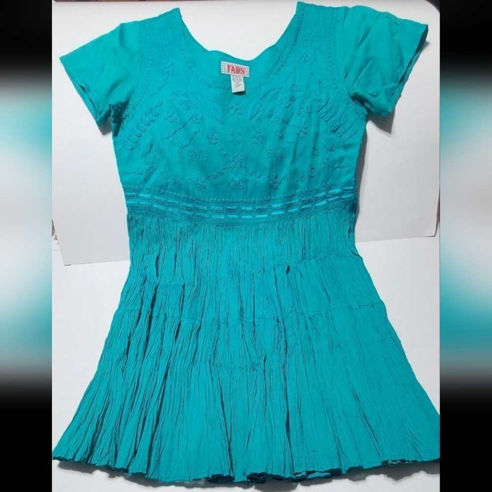 Vintage Turquoise Scrunch Dress Size Small Petite by Fads-Baby Doll Style